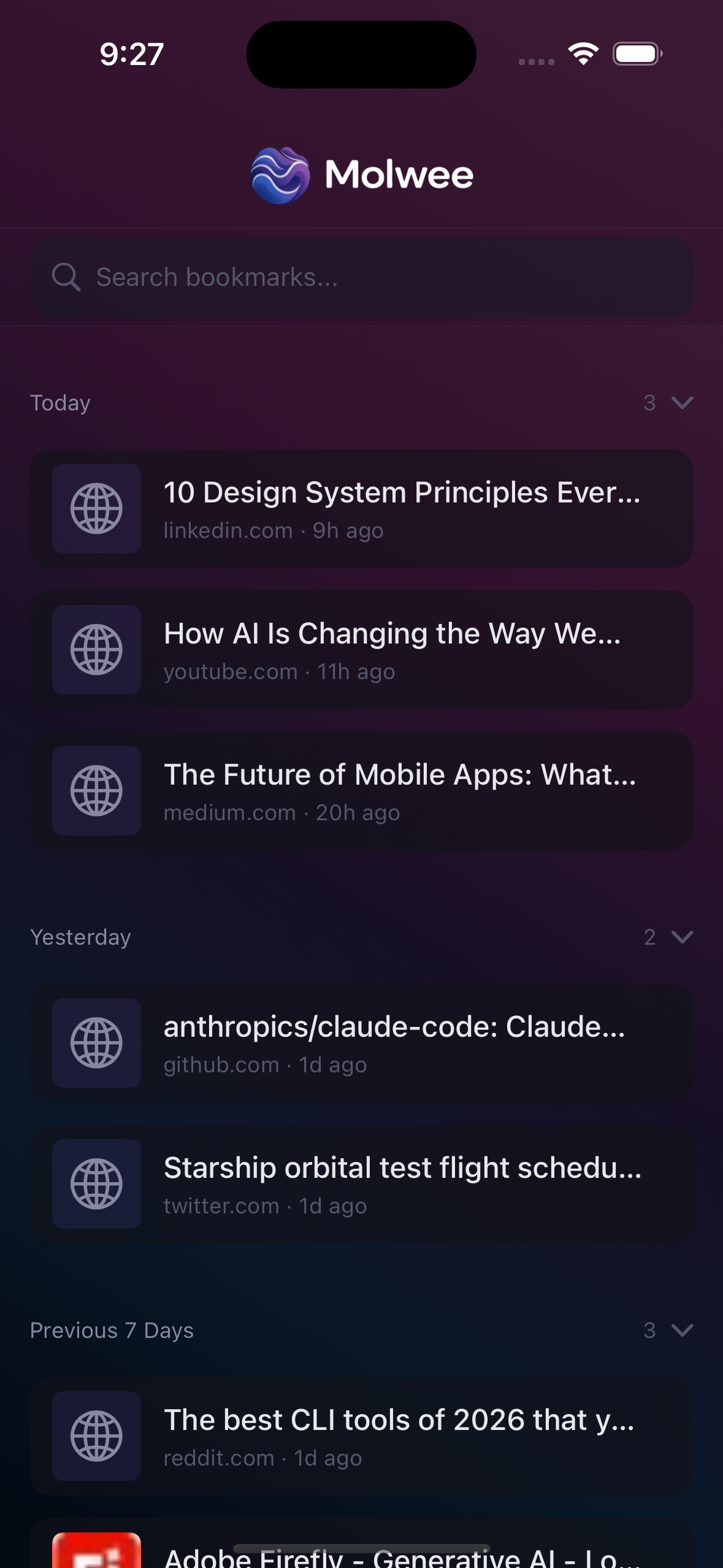 Molwee feed showing saved bookmarks from LinkedIn, YouTube, Medium, GitHub and more