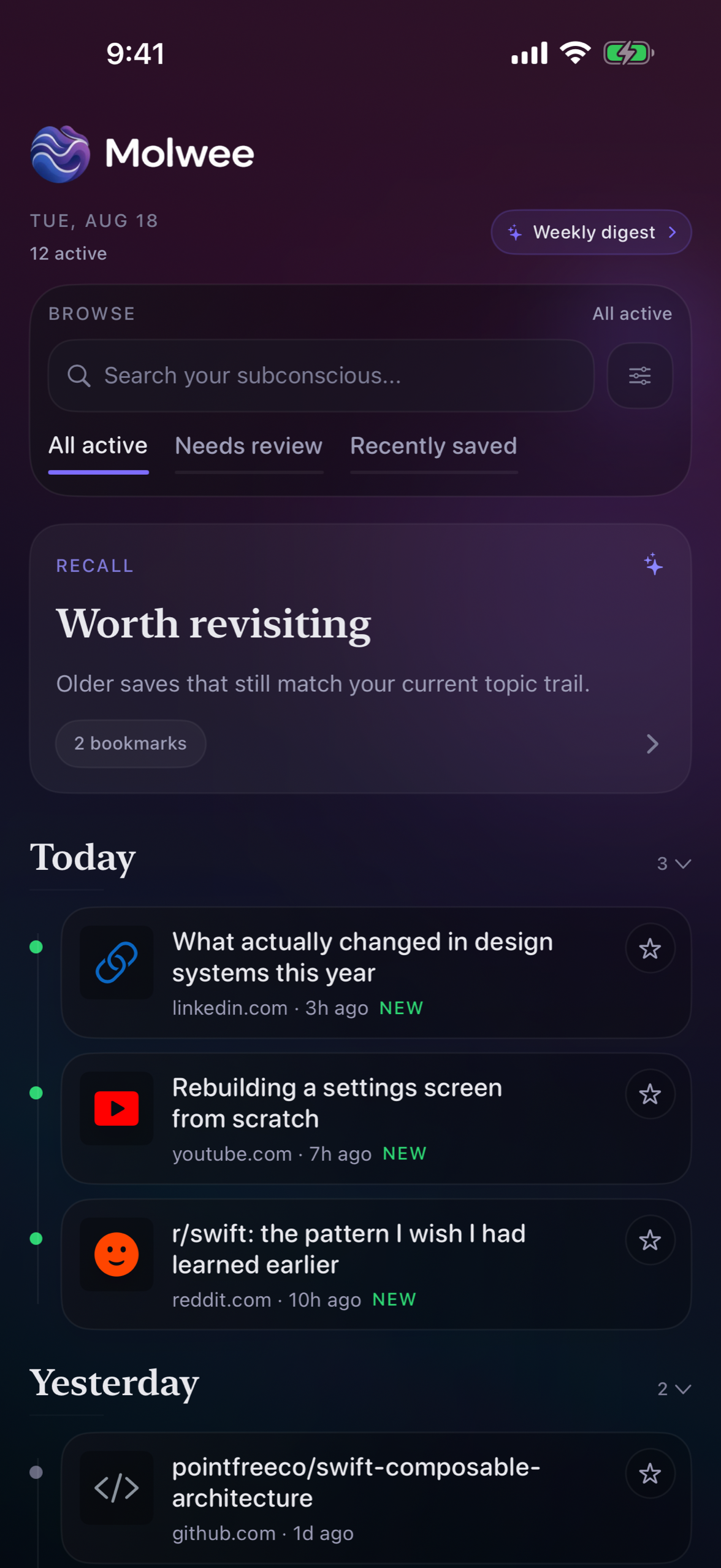 A Molwee feed holding saves from LinkedIn, YouTube, Reddit, GitHub and more in one list.
