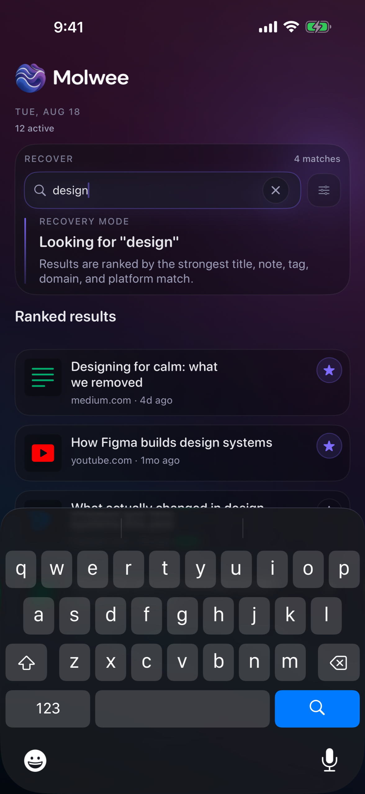Molwee search results ranked by title, note, tag, domain and platform.